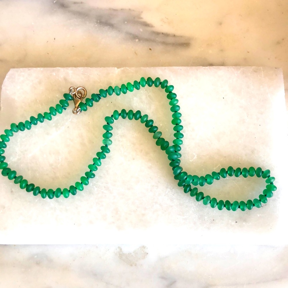 Genuine Green Onyx hand knotted necklace with 925 silver clasp. 16”
